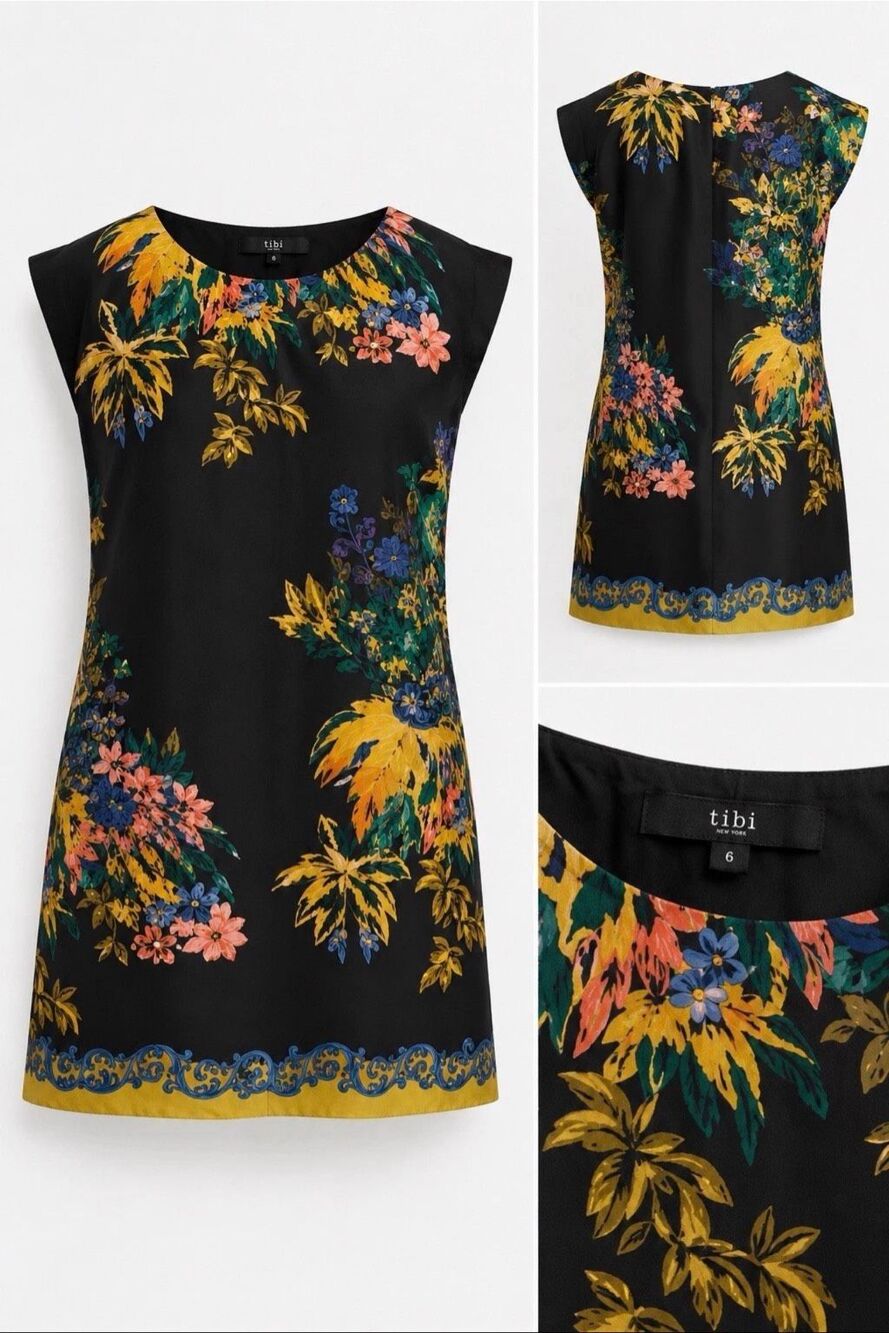 Tibi New York 100% Silk Floral Border Print Shift Dress Size 8 EUC Party